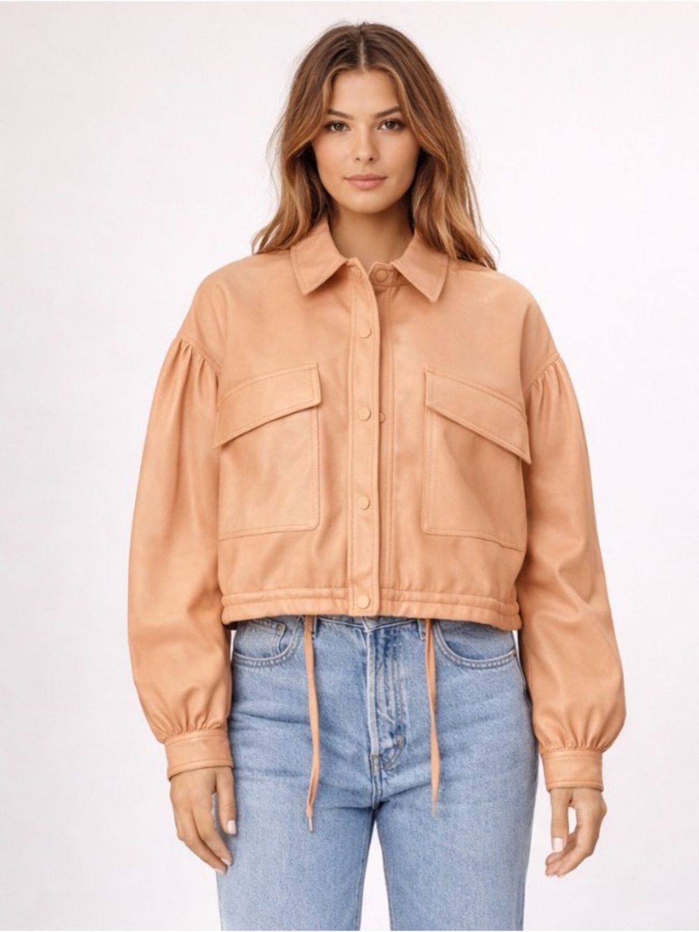 7 For All Mankind Faux Leather Cropped Utility Jacket Peach Pink Luxe Snap Front